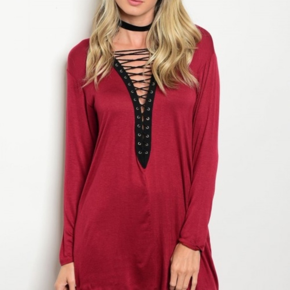 Red long sleeve lace up Tunic/Dress - Picture 3 of 3